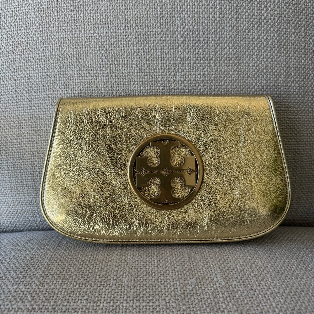 Tory Burch Reva Metallic Gold Clutch